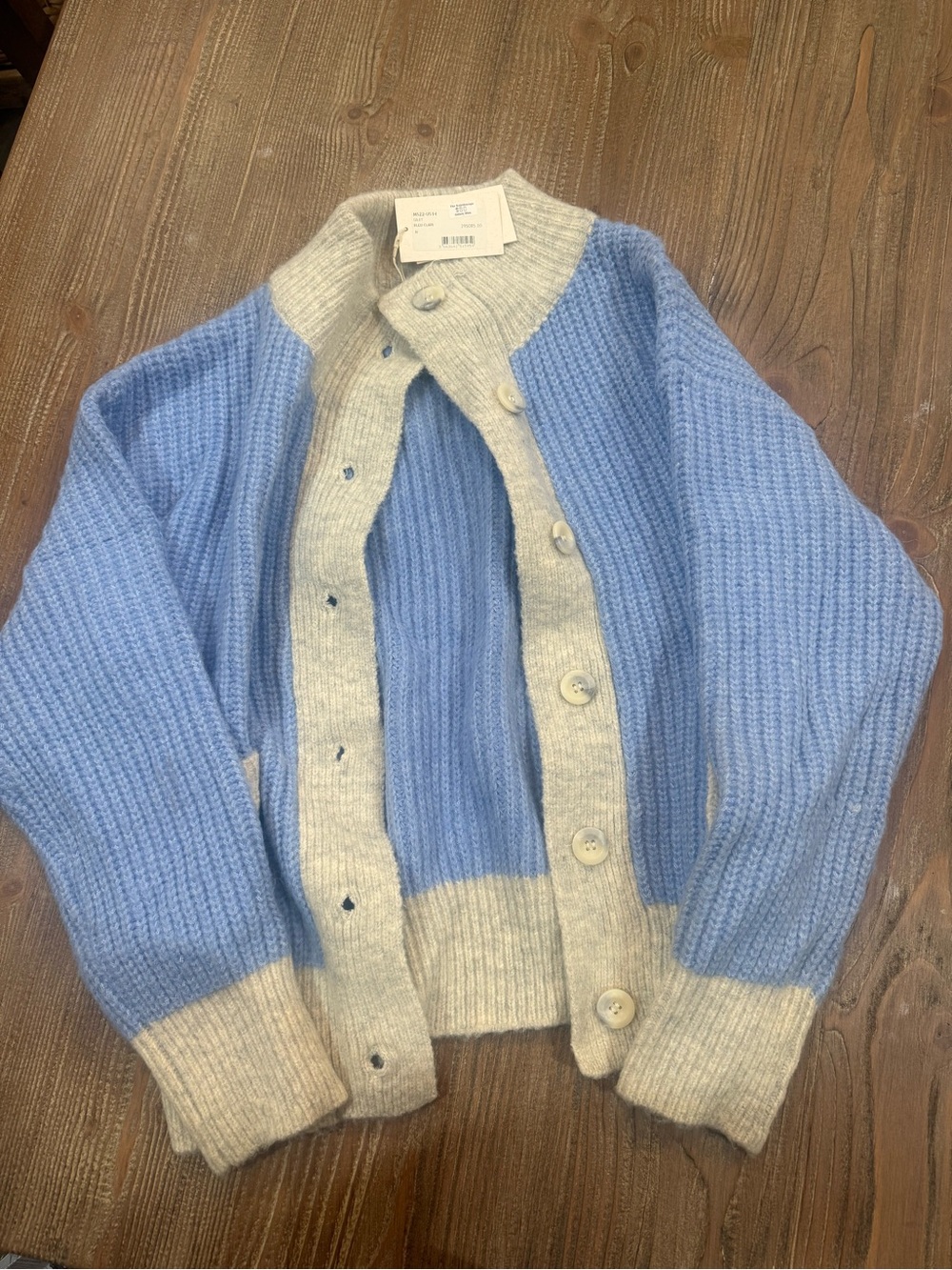 FRNCH Wool-Blend Blue & Cream Button Cardigan Sweater